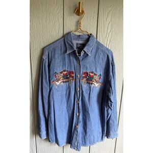 Vintage 90s Fall Time Bear Embroidered Jean Shirt, Medium